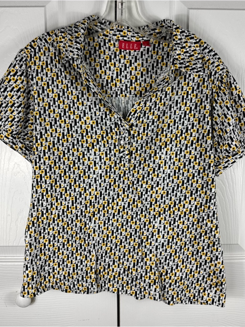 Elle Women's E Abstract Geometric Short Sleeve Top Yellow Black White XL